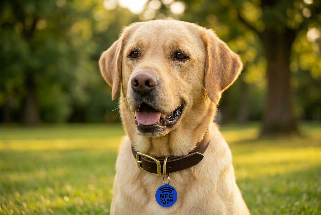 Dog wearing an NFC pet tag on collar
